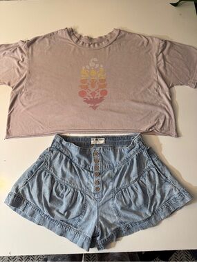 Free People We The Free light wash chambray denim shorts and FP Movement T Shirt